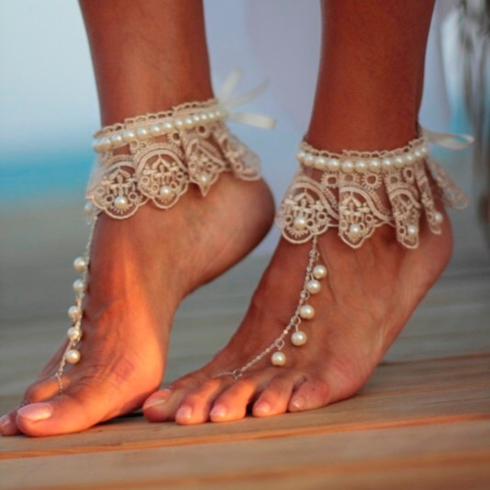 White lace and pearl beach wedding shoes